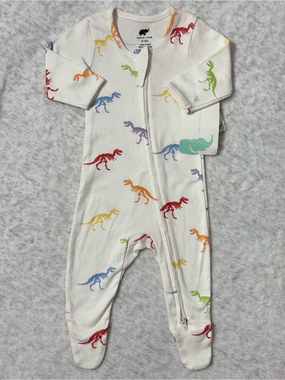 NWT Monica + Andy White Dinosaur T-Rex Footed Sleeper 0-3M Baby Organic Cotton